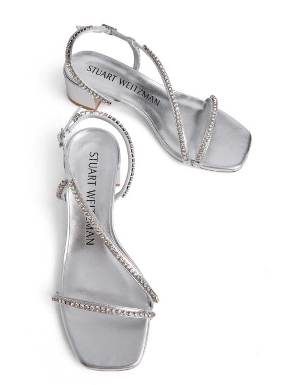 Stuart Weitzman Soirée Crystal Silver Strappy Low Block Heels